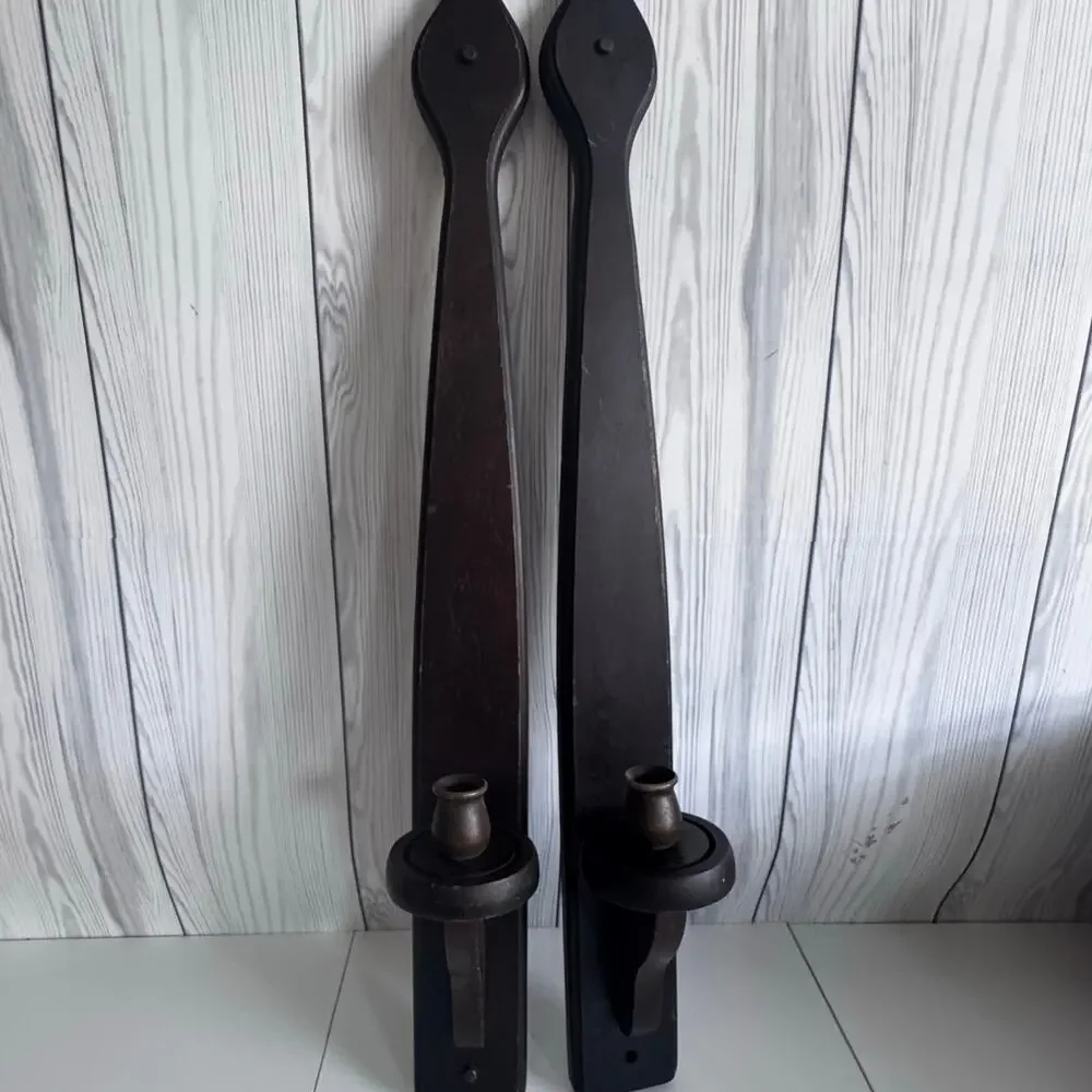 Vintage MCM Cornwall Wood Products Dark Wood Taper Candle Wall Sconce Set 2